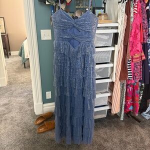 Gianni Bini Grace Metallic Plisse Sweetheart Neck Cut-Out Tiered Dress